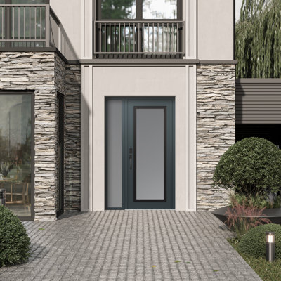 C1 Panel Black Steel Anthracite/Anthracite Frosted Glass With Sidelite Prehung Front Entry Door