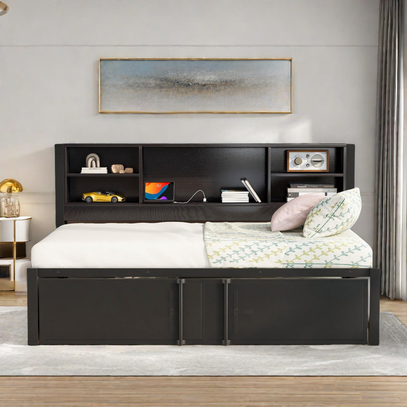 Lit de jour Aivah avec lit gigogne simple, tablettes de rangement et ports USB