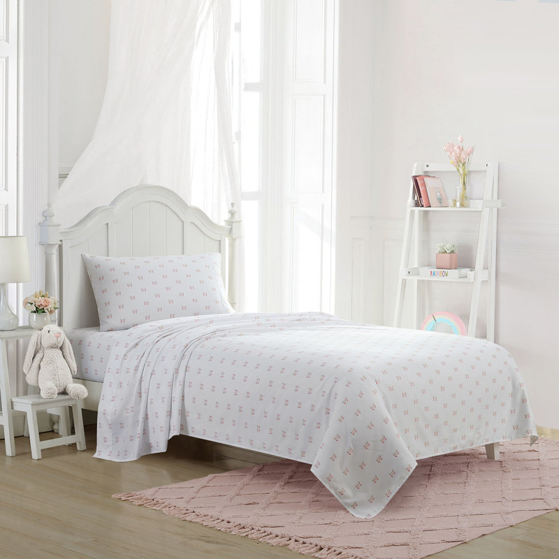 Pink Butterfly Print Kids Full Microfiber Sheet Set