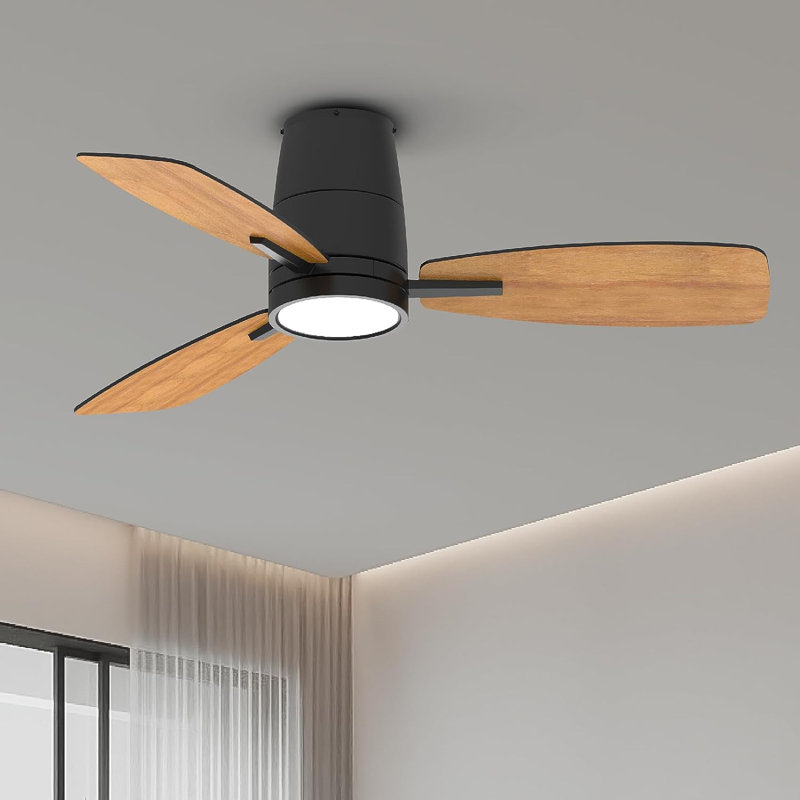 Emidia 42 inch Flush Mount Ceiling Fan with LED Light for Medium Rooms, 42" Wide, Black with Black/Walnut Blades