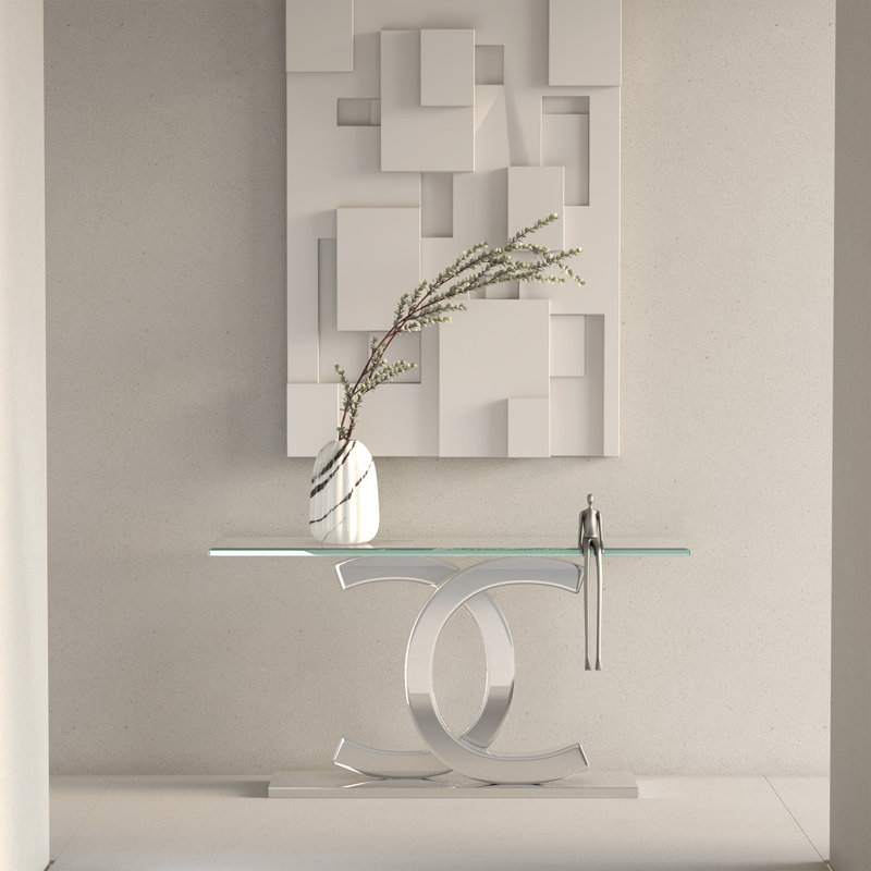 Joneer 55.1'' Glass Top Console Table, Silver