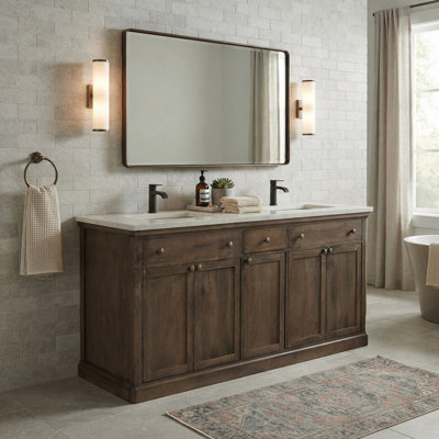 Meuble-lavabo double 60 po à cinq portes avec plateau en marbre blanc et finition bois naturel 60 po