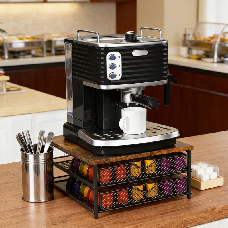 Organisateur de dosettes à café à 2 niveaux avec tiroirs coulissants - Support de rangement d'une capacité de 72 tasses avec paniers en métal et plateau en bois pour comptoir ou armoire