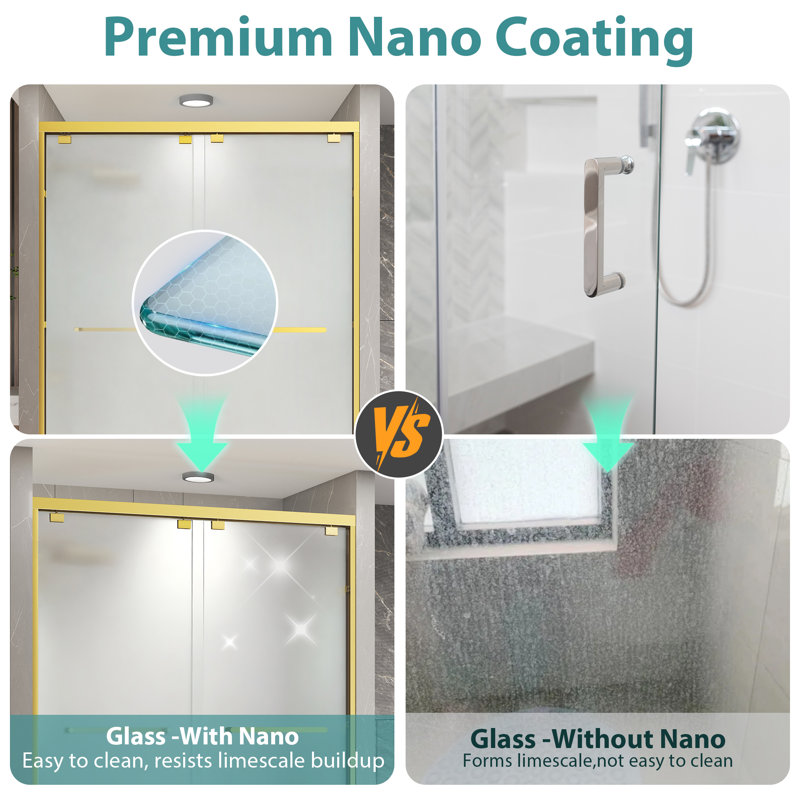 Porte de douche coulissante double en aluminium brossé 61 "à 66" x H 76 "en or brossé avec verre trempé givré de 1/4", poignée double