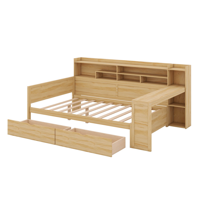 Corner Full Bed Frame With Bookcase Storage And Desk,Wood Day Beds With 2 Drawers, Captains Bed Frame With Bookcase And Headboard