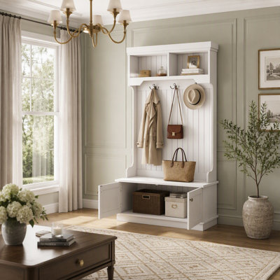 Multifunctional Hall Tree with Storage Shoe Bench, Hooks, and Shelves for Entryway, White