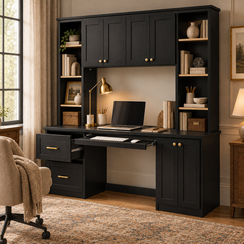 Bureau d'ordinateur de style campagnard avec tablette supérieure, tiroir à dossiers suspendus, plateau pour clavier, tablettes réglables et système de gestion des câbles.