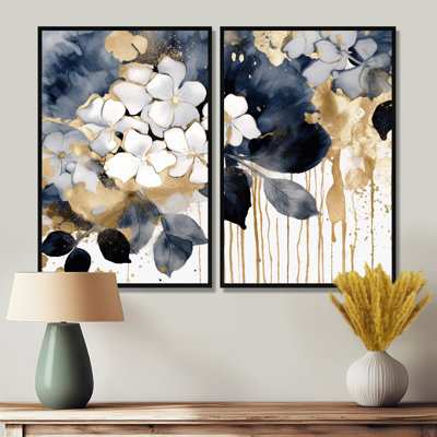 Or blanc hortensia Blooms Heaven I - art mural traditionnel bleu 2 panneaux