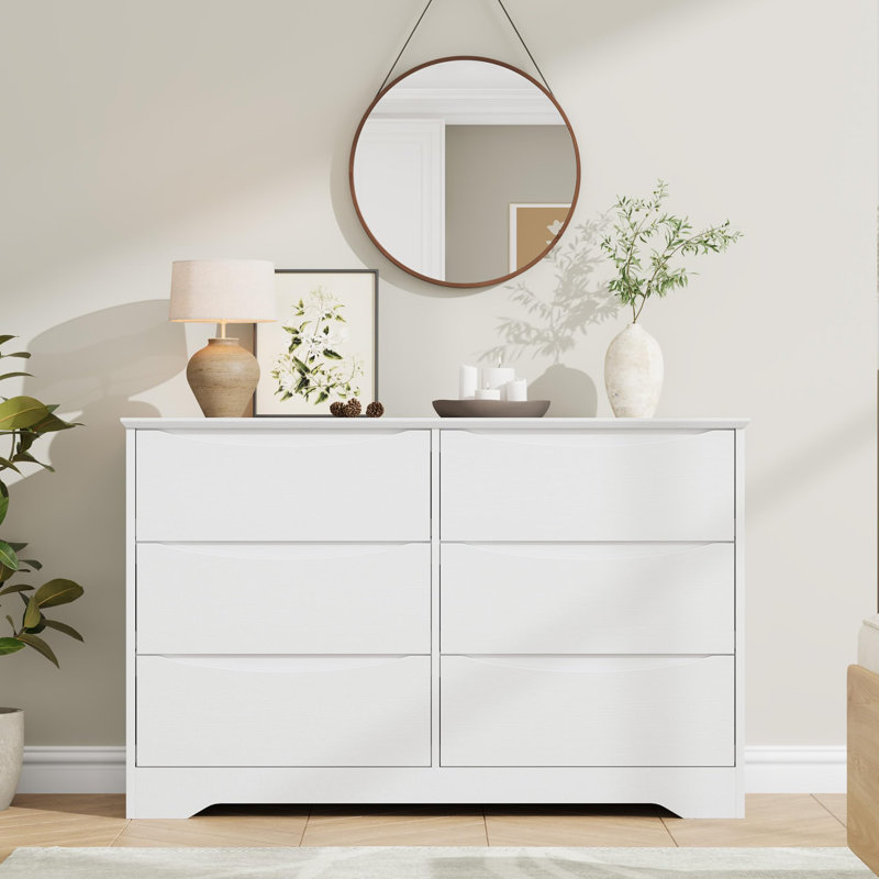 6 Drawer Dresser for Bedroom Wide Wood Chest of Drawers Handle Free Entryway, White