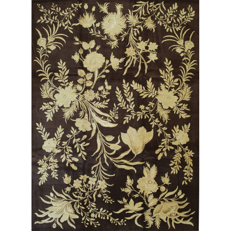 Tapis luxueux en laine noué à la main brun et or Elena 10 pi 0 po x 14 pi 0 po, 10' x 14'