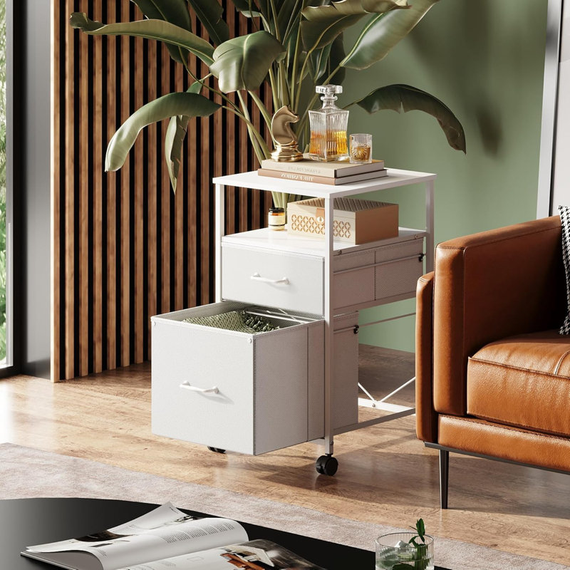 2 Drawer Mobile File Cabinet, Fabric Vertical Filing Cabinet With Open Storage Shelf,Rolling Printer Stand, White