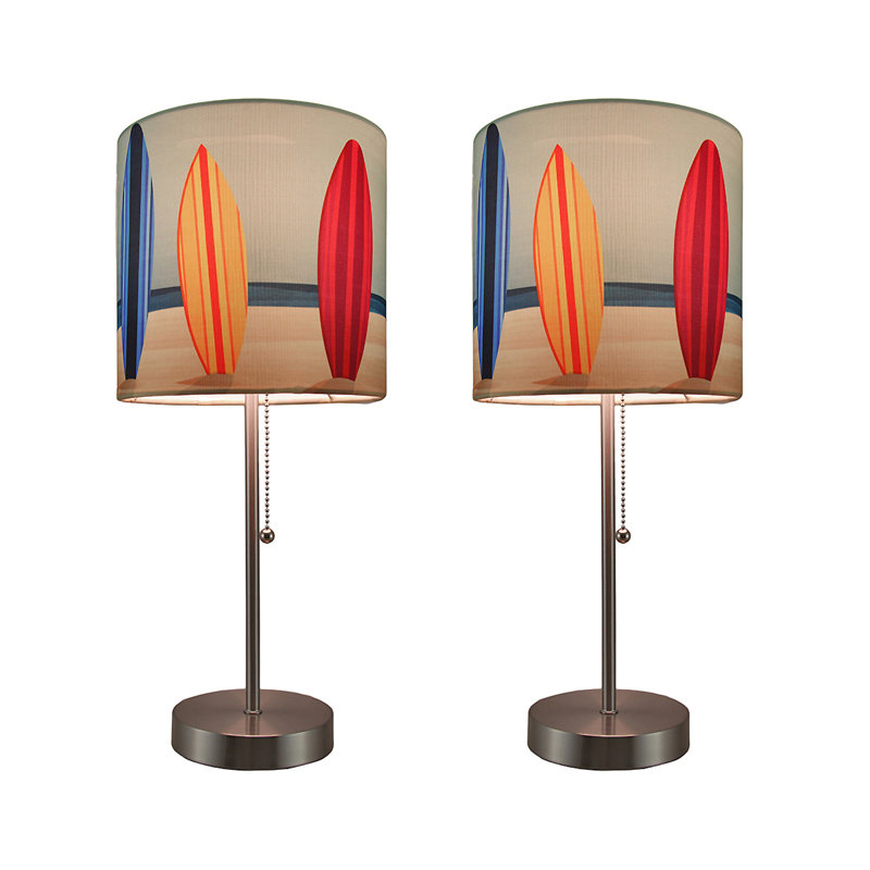 Coastal set of 2 stainless steel table lamps with multicolored surfboard fabric shades, pull-chain, Type A 40-watt max bulb — 18.5" high