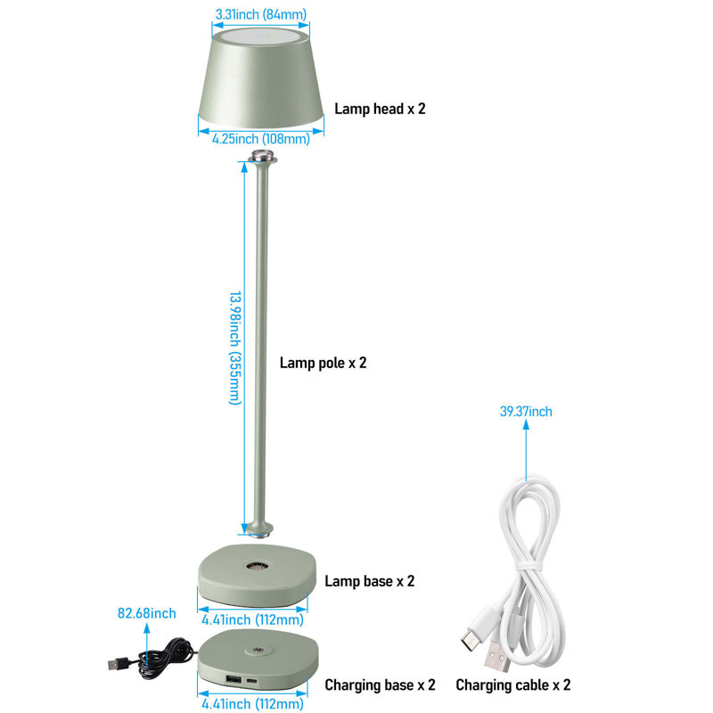 Lampe de table rechargeable sans fil avec base de chargement, éclairage d'ambiance haut/bas, lampe de table DEL en aluminium à intensité variable, lampe de bureau portative pour extérieur et usage commercial, IP54, 2700K (vert)