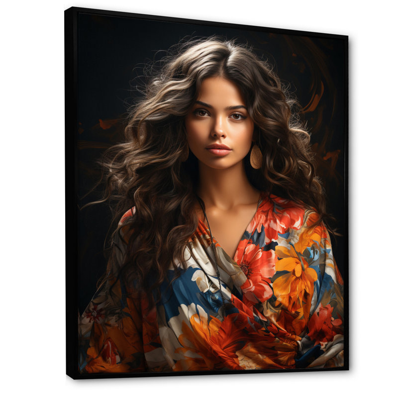 Femme boho latina III sur toile, H 44 po x l 34 po x P 1,5 po, Cadre flottant noir