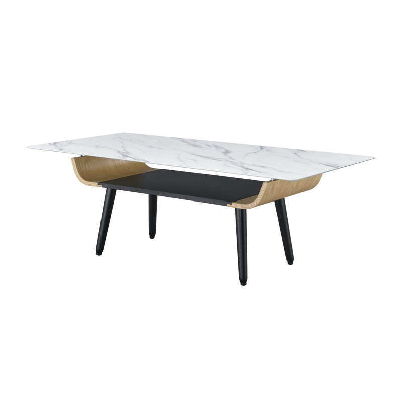 Table basse Landon de 47 po avec plateau en verre marbré blanc et bois cintré
