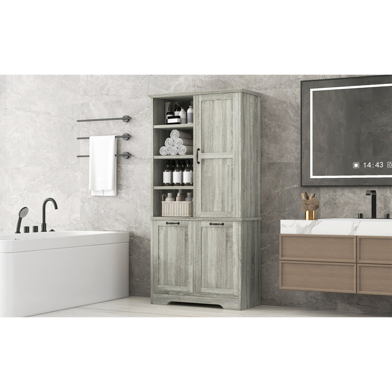 Armoire de rangement de salle de bain avec portes et tiroirs, panier à linge inclinable, plusieurs espaces de rangement, style autoportant, tablette ouverte, tablette réglable, chêne