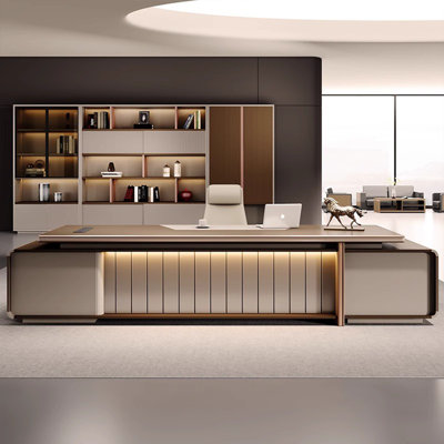Modern Light Luxury Brown Executive Office Desk with Storage Cabinets and Embedded Desktop Power Strip for Manager/President Office