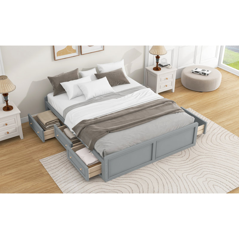 Wood Queen Size Platform Bed Frame With 6 Drawers, Gray
