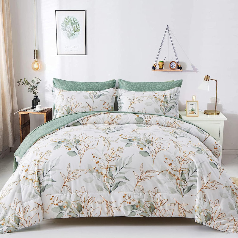 Green and Gold Botanical Microfiber Queen Bed in a Bag Set