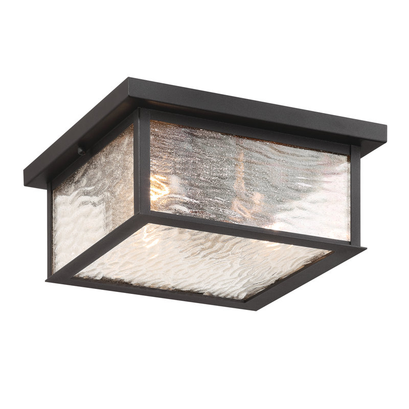 Estate - 3-Light Outdoor Flush Mount - Black with Brass Accent - Rain Glassware Shade