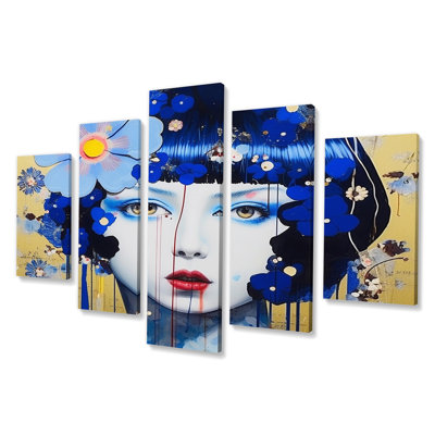 Indigo Retro Asian Flower Woman Portrait II - Asian Woman Canvas Wall Art - 5 Panels