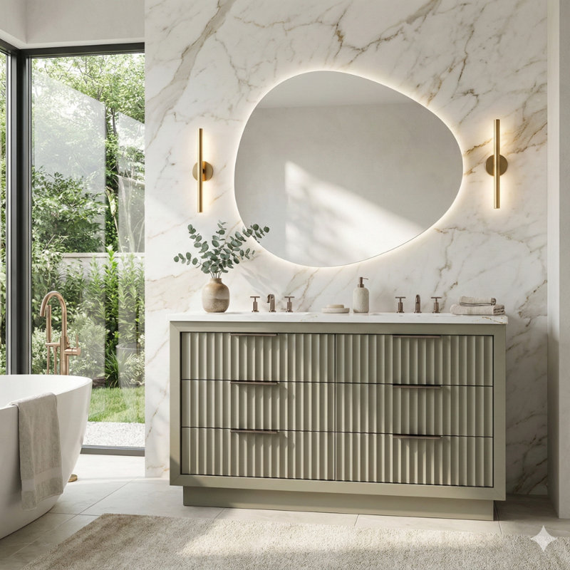Lecrieú Double Drawer Bath Vanity, French Olive, 60", Champagne Bronze