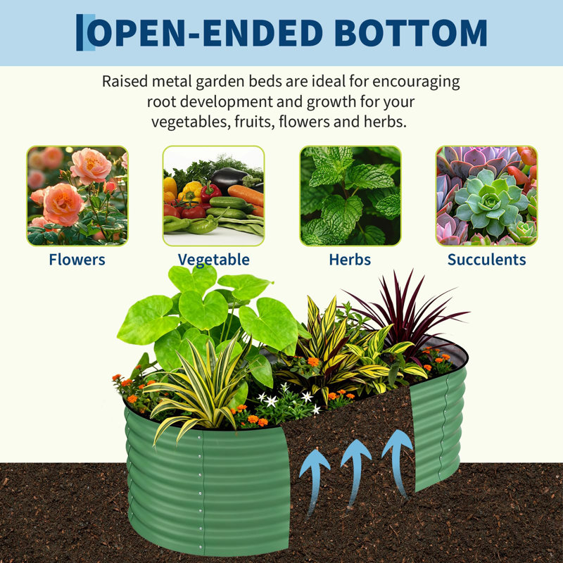 6x3x2 ft Galvanized Raised Garden Bed, Heavy-Duty Oval Metal Planter Box with Open Bottom & Safe Edges 2-Pack, Green