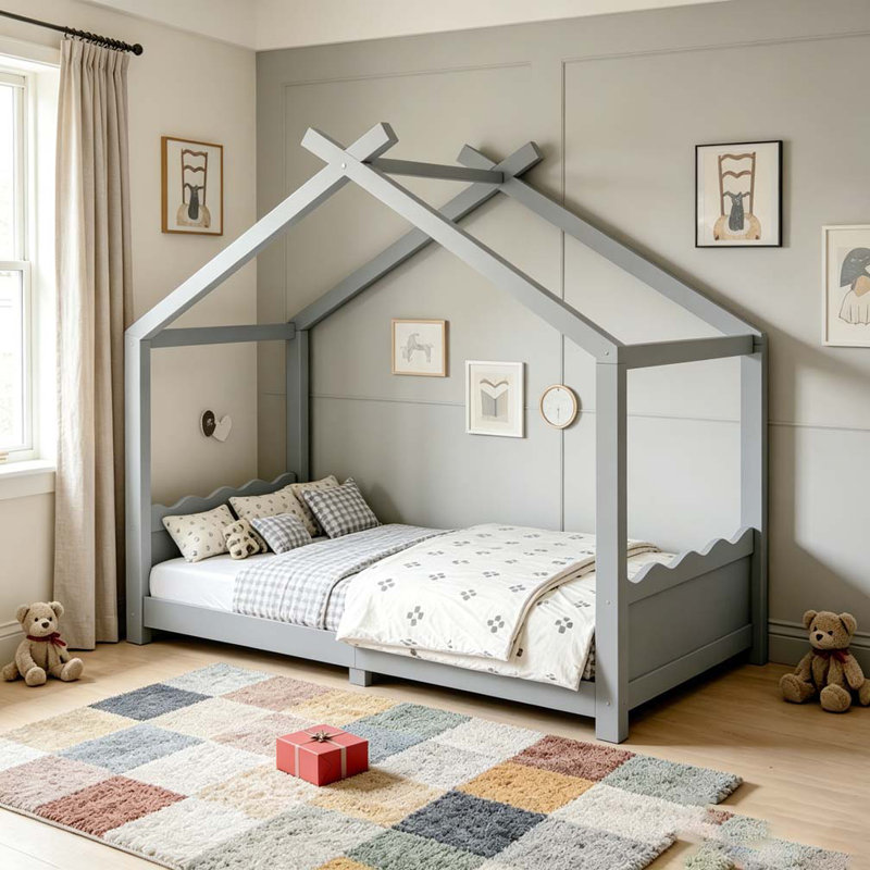 House Floor Bed with Support Slats, Solid Wood House Bed Frame for Kids, No Box Spring Needed and Opening Constructure, Twin