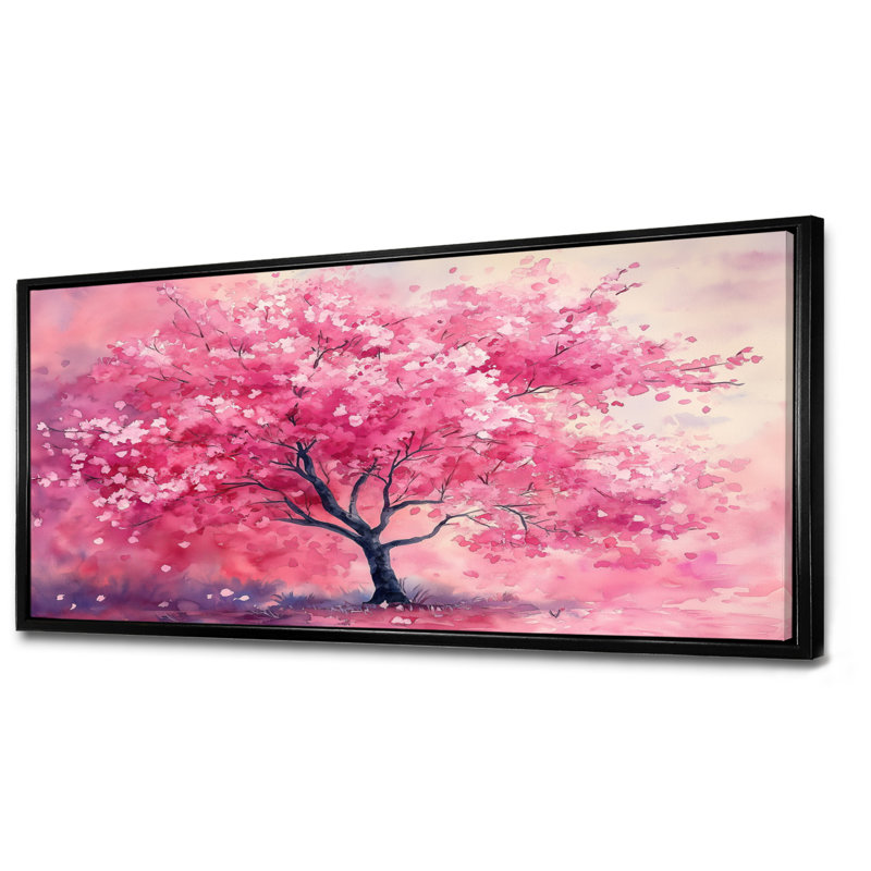 Art mural fleur rose, toile d'arbre en fleurs, arbre en fleurs rose, Cadre flottant noir, H 28 po x l 60 po