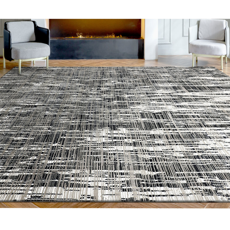 Abstract Area Rug in White, Rectangle 10' x 14'