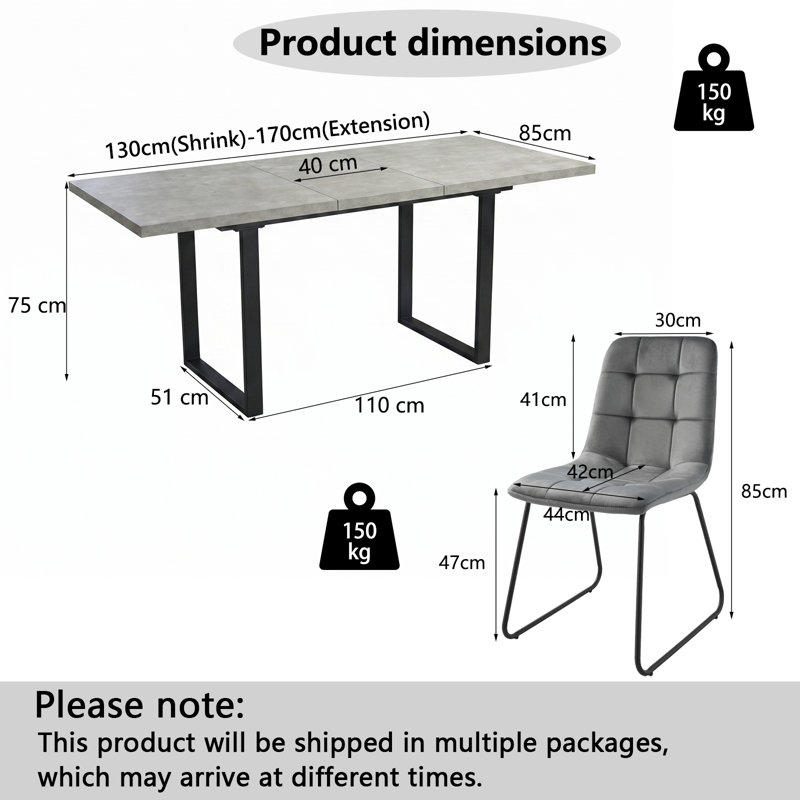 Extendable Dining Table Set for 6, 130-170 cm Extendable Gray Tabletop, Metal U-Shaped Base with Fabric Chairs, Modern Style Table Set for Dining Room Kitchen