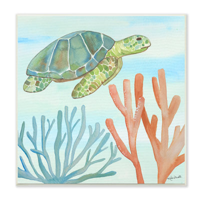 Tortue de mer verte flottant sous l'eau, corail blanc, estampe numérique encadrée, art texturé par Katie Doucette