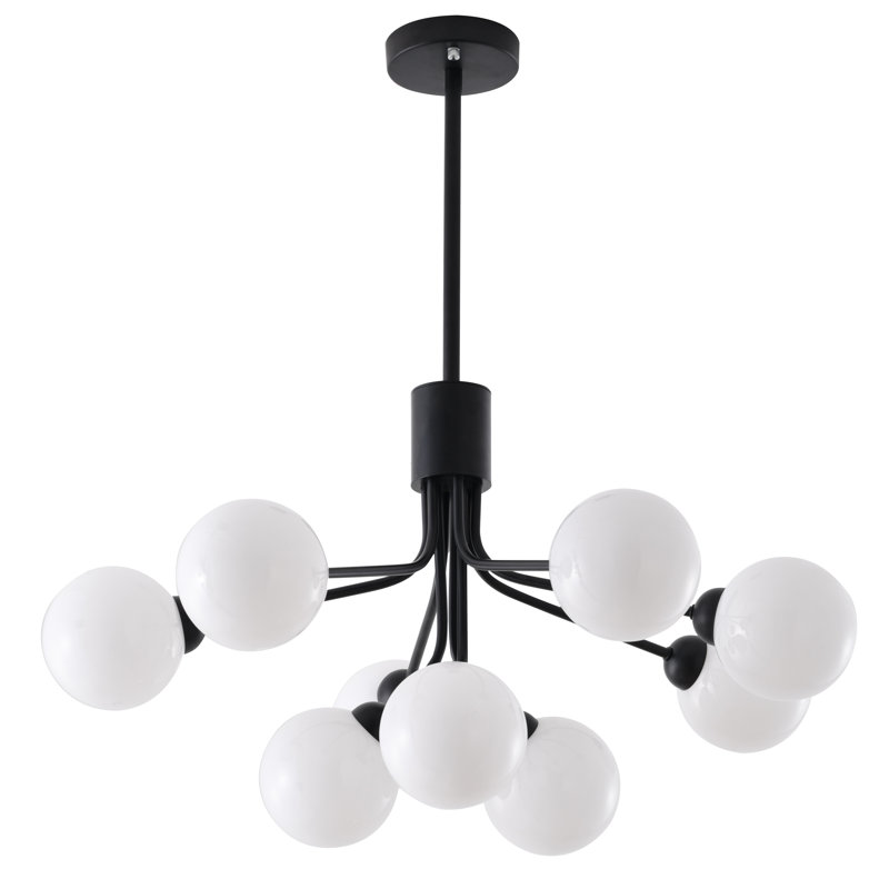 Lustre spoutnik noir 9 lumières avec abat-jour en verre blanc