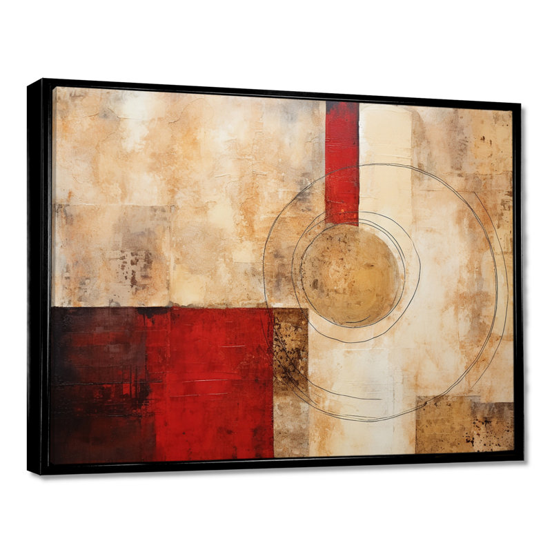 «Cubist Red Colorfields Collage - Abstract Collages», art mural, H 16 po x l 32 po x P 1 po, Toile avec cadre flottant noir
