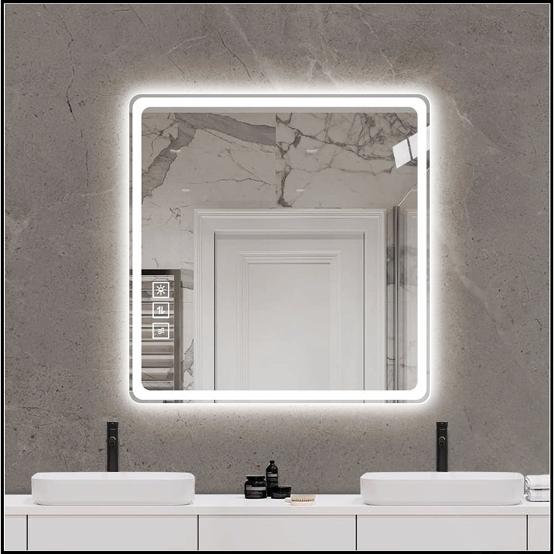 Miroir de salle de bain à DEL avec anti-buée et lumières avant, conception sans cadre pour une application de maquillage transparente, miroir argenté sans cuivre de 5 mm, montage horizontal ou vertical