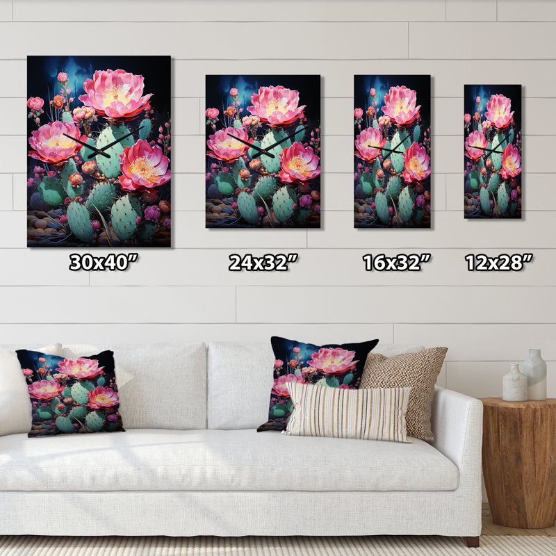 Cactus rose, vert, désert, épineux II - horloges murales florales, Médium