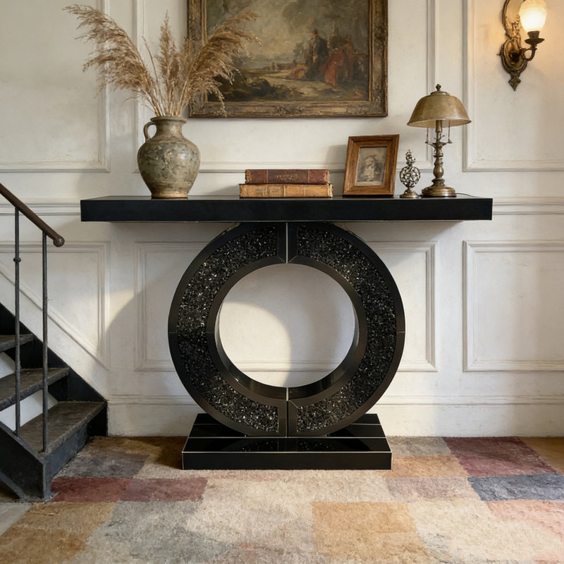 Console en miroir avec incrustation de diamant concassé, longue entrée, Noir