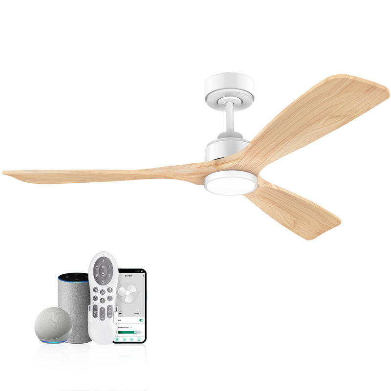 Ventilateur de plafond en bois intelligent 52 pouces 3 pales avec lumière, télécommande et contrôle Alexa WiFi, intérieur / extérieur, à intensité variable, moteur à courant continu silencieux