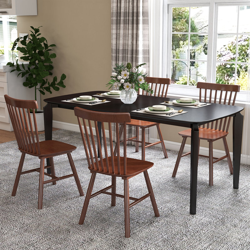 Rectangular Dining Table Set, Farmhouse Dining Table With Solid Wood Legs And Slat Back Windsor Dining Chairs For Kitchen/Dining Room/Guest Room