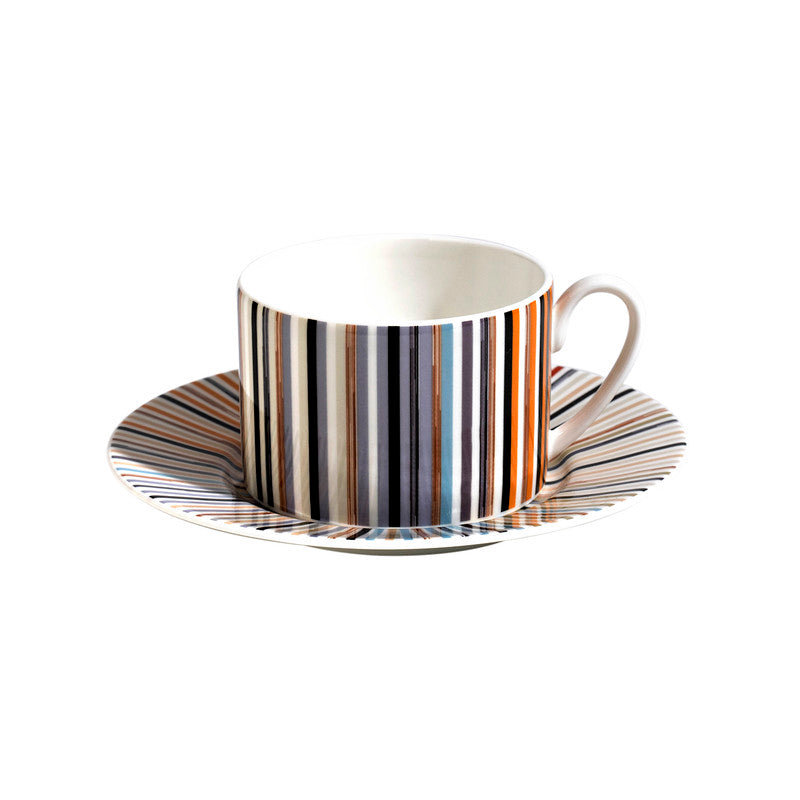 Stripes Bone China Teacup, Blue/Black/White/Orange