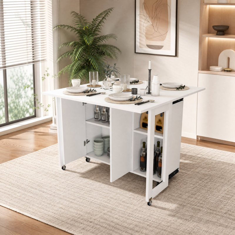 Table de salle à manger pliante 3 en 1 avec étagères de rangement et roulettes, Blanc