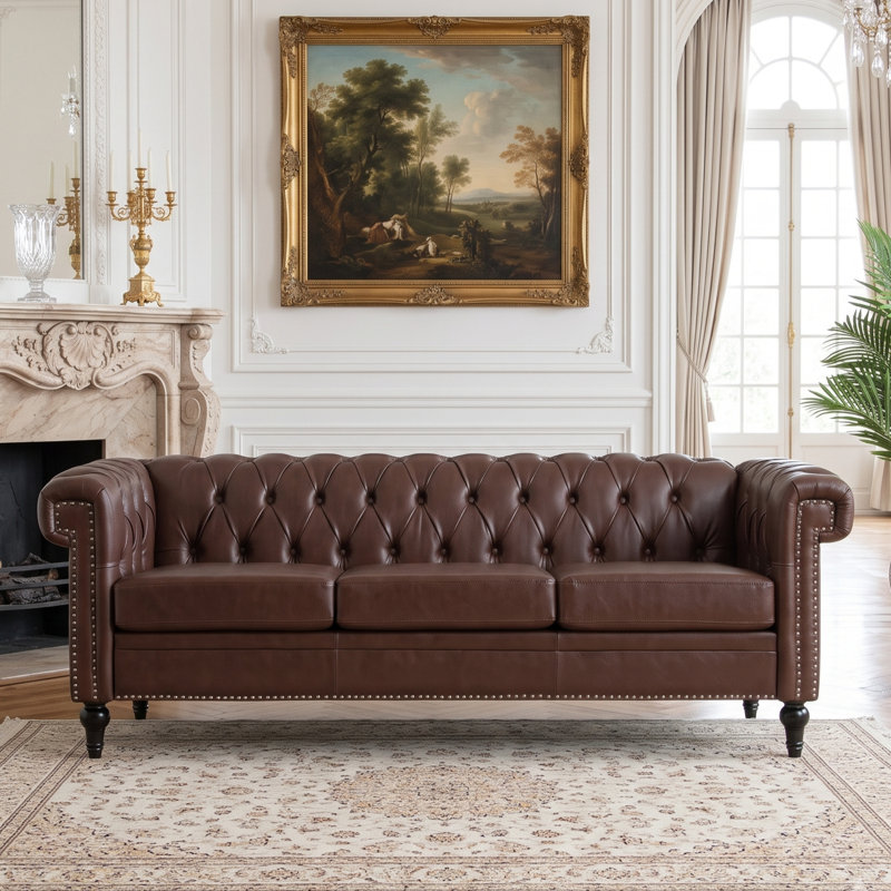 Fauteuil club Chesterfield en similicuir capitonné avec garniture cloutée, 3 Seater, Brun