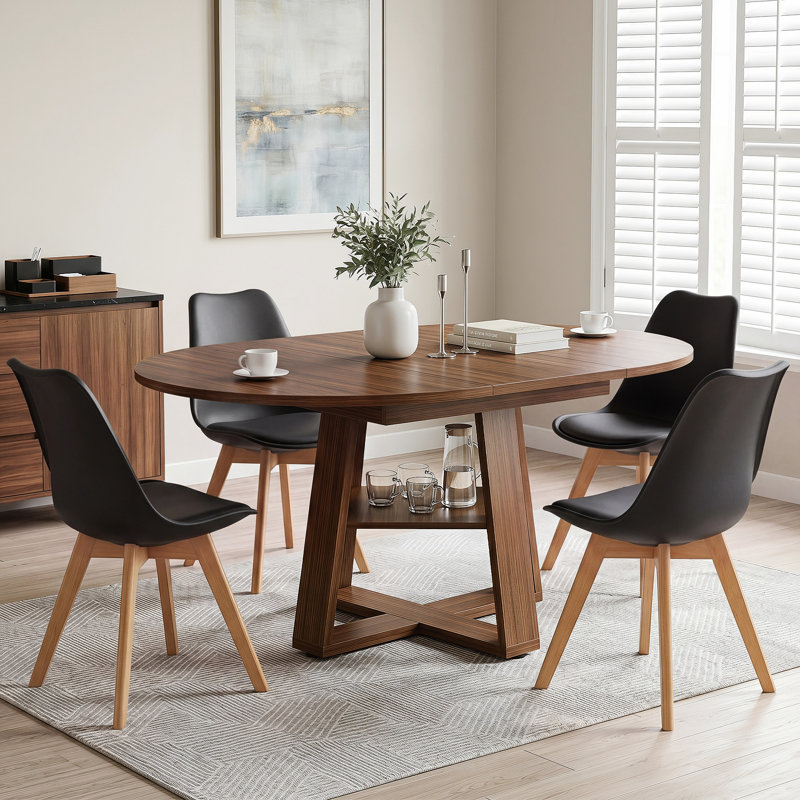 Rohun Round Extendable Modern Kitchen Dining Table Set With 32.8"H Dining Chair, Brown, Black