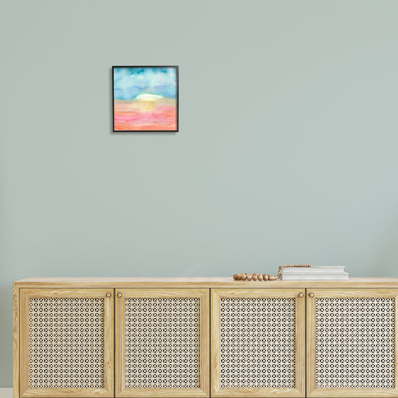Abstrait aquarelle paysage soleil, Giclée encadrée noir minuit, H 12 po x l 12 po x P 1,5 po