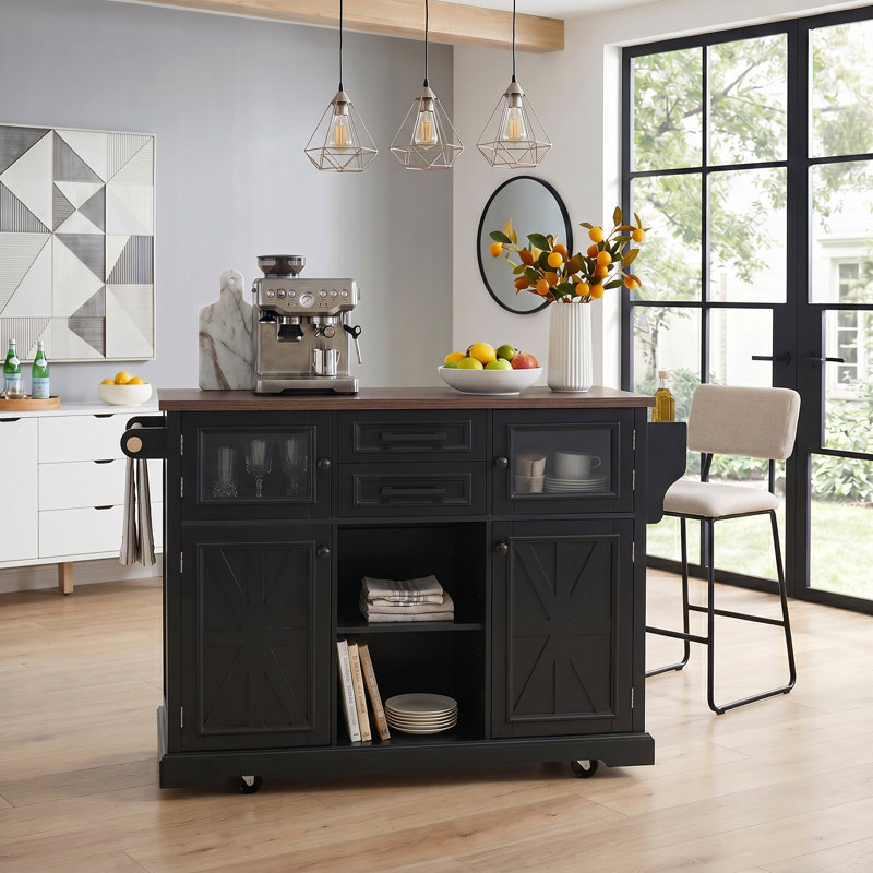 54.9" Rolling Kitchen Island with Drop Leaf, Power Outlet, 4 Storage Doors, Cross Barn Glass Doors, Lockable Wheels for Kitchen Dining Room，black