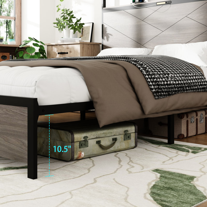 Full Size Metal Bed Frame With Led Lit Headboard, 2 Usbs, Large Under - Storage, No Noise, Structure Antique Grey Touch Lighting, Type C Charging, Modern Retro Blend, Solid And Stable