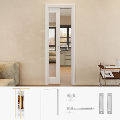 24" x 80" 1-Lite Mirrored Sliding Closet Pocket Door with Silver Hardware & White Pocket Door Frame
