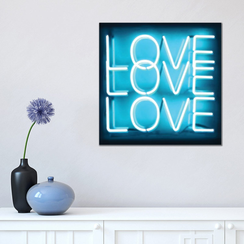 Neon Love Love Love Aqua On Black by Hailey Carr - Print on Canvas, 45.72 cm H x 45.72 cm W x 1.91 cm D, Wrapped Canvas