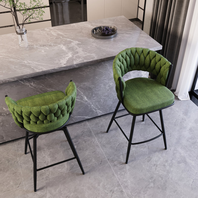 Tabouret de bar pivotant en lin de 2 personnes avec pieds noirs, structure et dossier confortable pour la cuisine, le salon et le coin bureau