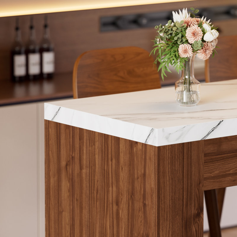 Table de bar longue de 55,1 po avec lumières à DEL RVB et plateau en faux marbre, table de pub à hauteur de comptoir avec sièges pour 4 personnes, îlot de cuisine moderne pour la salle à manger ou le bar à la maison